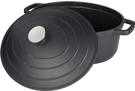 Commichef Oval Kasserolle, Auflaufform, Schwarz, Aluminiumguss, Mit Deckel, 32cm Durchmesser, 5,8 Liter Fassungsvermögen, Geeignet für Backöfen und Kochfelder, XO-632BK