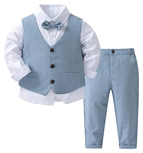 YiZYiF Completini e Coordinati Bambino Set di Vestito per Cerimonia Battesimo Matrimonio Compleanno Gentile Uomo Tuta Elegante in 4PCs Camicia+Papillon+Pantaloni+Gilet Azzurro 12-18 Mesi