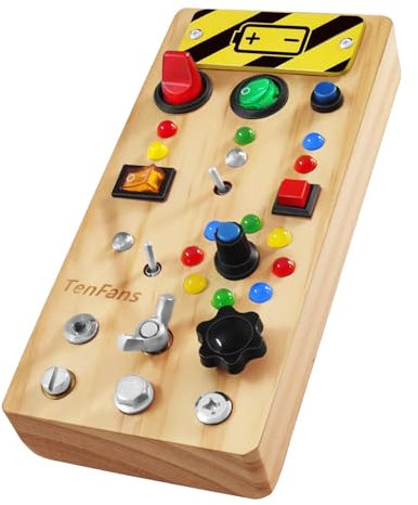 TenFans Wooden Montessori Busy Board with LED Light Switch and Screwdriver Tools - Sensory Toy for Toddlers 1-4 Year Old Boys - Travel Activity and Educational Learning Toy Improves Fine Motor Skills