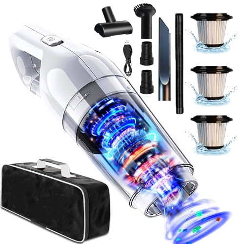Handstaubsauger,15000Pa Handstaubsauger Akku Testsieger Beutellos,120W Autostaubsauger Stark Mini Nass/Trocken Handsauger Kabellos Staubsauger für Haus,Tierhaare,3*HEPA Filter,Weiß[Hohe Leistung A+]