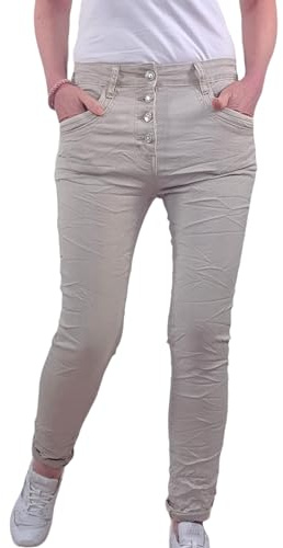 Karostar Dam stretch jeans | boyfriend byxor med dekorativa smyckesknappar | Mid Rise 5 fickor denim byxor, Ljusbeige, L