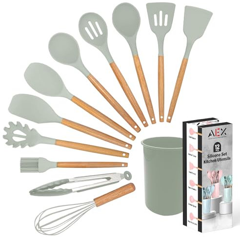 AEX Kitchen Utensils Set - 12 Pcs Cooking Utensils Set - Kitchen Utensils with Holder - Heat Resistant Silicone Utensil Set - Non-Stick Utensils with Wooden Handle - Spatula Utensil Set (Mint Green)