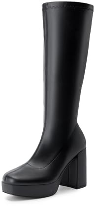 DREAM PAIRS Women's Gogo Knee High Chunky Heel Boots,Black-Pu,9