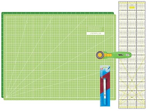 SEMPLIX Skärmattor set – skärunderlägg 60 x 45 cm (A2), rullskärare Maxi, lapptäcke linjal + PRYM Aqua-trickmarkör (ljusgrön/grön)