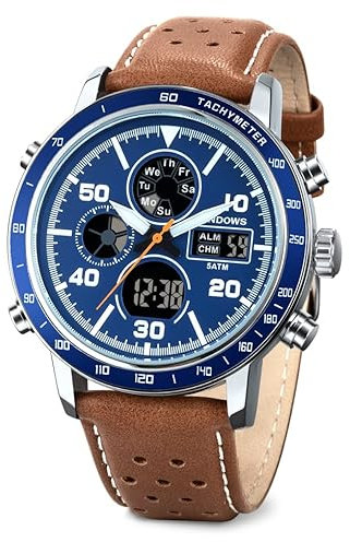 PINDOWS Uhren für Herren, Herren-Armbanduhr, Militär, digital, analog, lässig, Dualzeit, Leder-Armbanduhr, multifunktionale Modeuhr mit LED-Hintergrundbeleuchtung, Alarm, Stoppuhr, Kalender