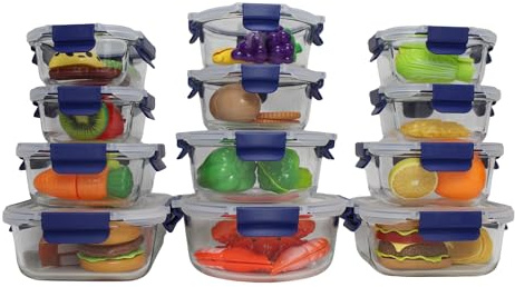 HOUSZY 12 Pack Glass Meal Prep Containers with Lids – Airtight Borosilicate Glass Storage Set – Rectangular, Square & Round Containers – Freezer, Oven, Microwave Safe – Leakproof & Stackable (Blue)