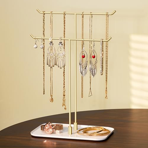Josmimic Necklace Holder jewellery Stand Organizer for Necklaces and Bracelets, Metal Display Stand, Gift for Women, Ideal for Home, Bedroom, or Vanity, Gold