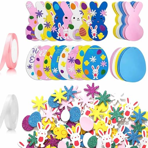 HERZONE Set di decorazioni pasquali per bambini, fai da te, decorazioni pasquali, set fai da te, adesivi pasquali, coniglio, uova, accessori fai da te, set (B)