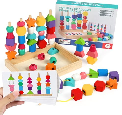 Ainiv Montessori Jouet, 3 en 1 Jouets de Perles de Laçage en Bois, Empilable y Enfiler Jouet, Tri Jouets, avec Boîte de Rangement, Jouets d'apprentissage Préscolaire à Partir de 2, 3, 4 Ans et Plus