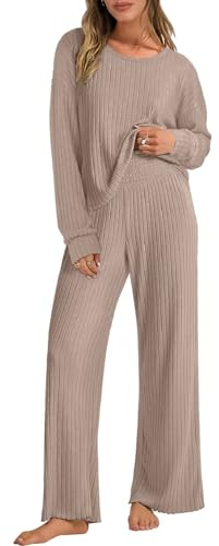 Joligiao Ensemble de Pyjama Femme Chic et Elegant à Manches Longue Ensemble de Vêtements de Détente 2 Pièces Vêtement de Nuit Côtelé Vêtement d'Intérieur Pantalon à Taille Élastique(Kaki,L)