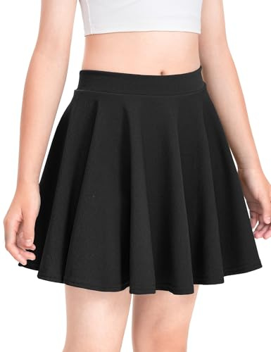 KEREDA Girls School Pleated Skirt, Elastic High Waist Kids Skater Skirts, Breathable Plain Dress Black for Children 8-13 Years