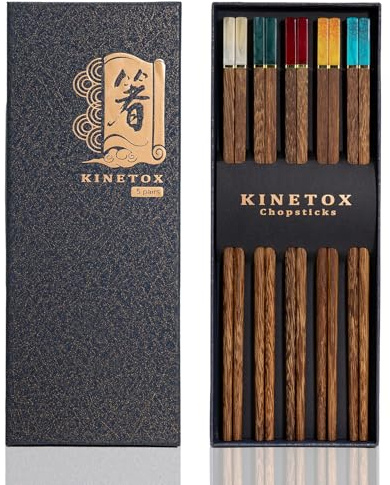 KINETOX Bacchette in legno, 5 paia, bacchette cinesi, confezione regalo, riutilizzabili, naturali, come regalo di compleanno, trasloco, matrimonio, Natale, in legno wengé
