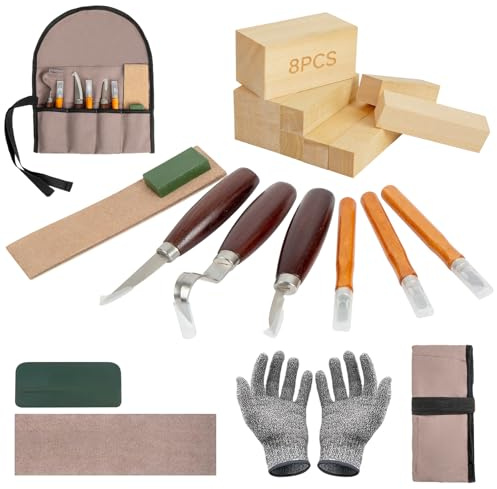 21PCS Wood Carving Kit Woodworking Chisel,BritPick Wood Kit for Beginners, Includes 8PCS Basswood Carving Blocks and 6PCS Whittling, Gloves, Roll Bag, Sharpener
