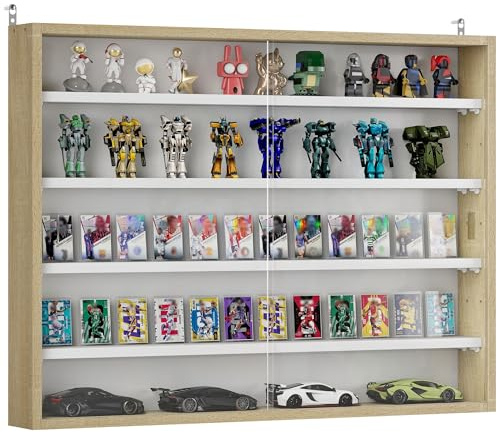 HOMCOM Vetrina Espositiva da Parete a 4 Ripiani Regolabili, Vetrinetta per Collezionismo, Bacheca Espositore a Muro per Oggetti da Collezione, in Vetro e Truciolato, 80x9.5x60 cm, Bianco e color Legno