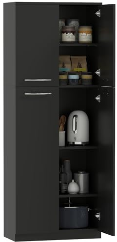 HOMCOM Aparador de Cocina, Mueble Despensa con 2 Armarios, Armario de Cocina con Estantes Ajustable MDF, para Comedor, Sala de Estar, Salón, 59x31x155 cm, Negro