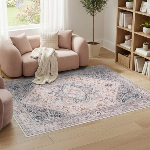TAPISO Nora Teppich Wohnzimmer | Vintage, orientalischer, rutschfest, Pflegeleicht Design-Teppich | Beige Blau |Kurzflor Bedruckt |Für Schlafzimmer, Esszimmer, Flur 80 x 150 cm