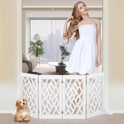 YORWHIN Dog Gate Stair Gate, Freestanding Dog Gates and Barriers, Indoor Pet Gates for Doorways and Stairs, 60cm(H) 4-Panel Puppy Gate with 2 Base, Foldable Safety Fence Fit Up to 128cm