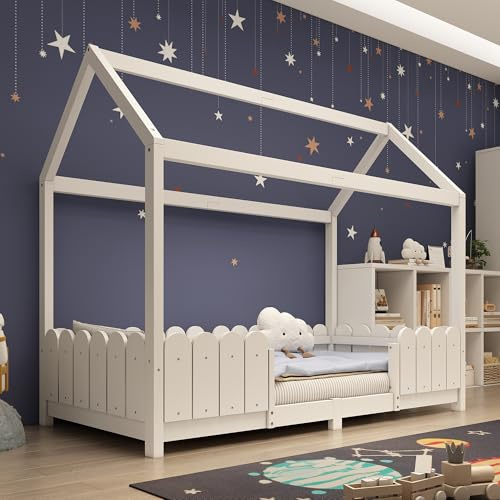 HAUSPROFI Hausbett 90x200 cm - vielseitiges Holz Kinderbett für Jungen & Mädchen - Mit Rausfallschutz und Lattenrost – Weiß (Ohne Matratze)