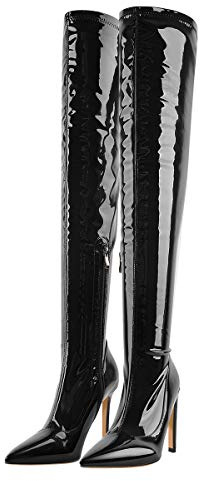 Only maker Damen Overknees Stretch Stiefel Stiletto Absatz Lack Optik Schwarz 39 EU