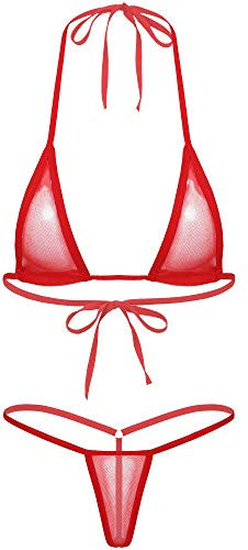 Agoky transparent meshbikini set för att knyta extrem sjögögrön baddräkt nackhållare bikini topp behå mikro-string sexig baddräkt badmode, Röd B, En Storlek