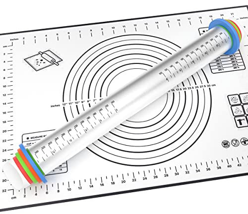 Nudelholz Edelstahl,UYOTBKEUB Einstellbare Dicke Teigrolle und Antihaft Silikon Backmatte Set mit Messmarkierung für Plätzchen Gebäck Pizza Pasta