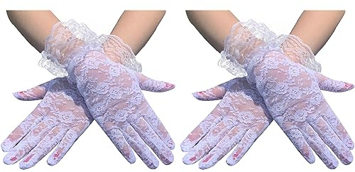 COSFAN 2 Pcs Ladies Lace Gloves,Guantes cortos de encaje de novia de la boda del partido del té,Vintage Sheer Floral Lace Wrist Length Gloves for Wome