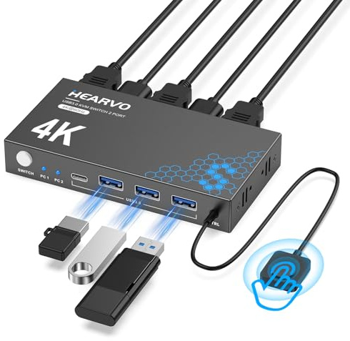 Hearvo USB 3.0 HDMI KVM Switch 1 Monitors 2 Computers, 4K@60Hz KVM Switches for 2 Computers Sharing Monitor Keyboard Mouse Hard Drives Printer, with EDID Adaptive, 2USB Cable and Controller -S7232H