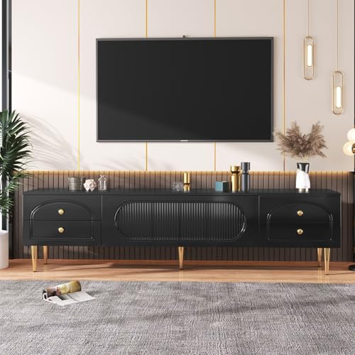 LuxeLiving Lowboard, TV-Schrank, mit Vier Schubladen und Türen, Fernsehtisch für Fernseher bis zu 75 Zoll, TV-Ständer mit goldenen Metallfüßen und Griff, 175 cm Lang, Schwarz
