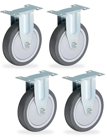 Relaxdays 4 Ruote per Carrello Fisse, 125 mm, Silenziose Rotelle per Mobili e Carichi da 480 kg, TPR e Acciaio, Grigio