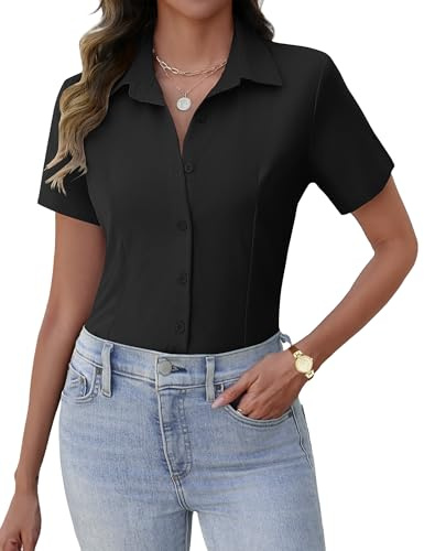 Zeagoo Button Up Black Shirt Short Sleeve Black Blouse for Women Soft Formal Work Dress Button Down Blouses Collared Shirt XXL