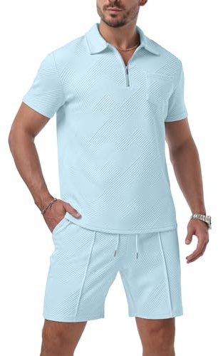 QIXING Mens Shorts and T shirt Sets Polo Colloar Mens Summer 2 Piece Holiday Clothes Co ord Shorts Set with half Zip Tracksuit (Light Blue, XL)