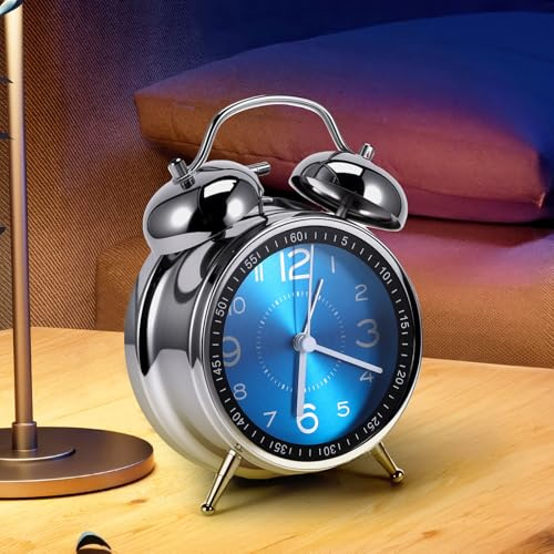 BTBHIHO 4'' Twin Bell Battery Operated Alarm Clocks,Silent Non-Ticking Bedside Alarm Clock with Soft Night Light,for Heavy Sleepers Children and Bedrooms