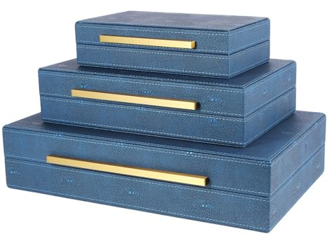 REEMTOO Decorative Storage Boxes with Lids, Decorative Boxes for Home Decor, Faux Shagreen Decorative Box for Stacking Jewelry, Photo, Memory, Storage Boxes, Set of 3 (Blue)