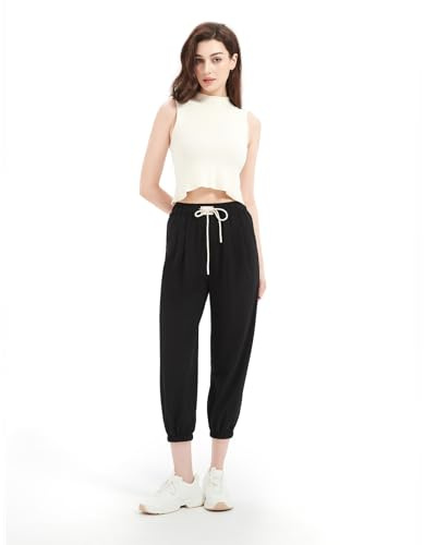 GLOWELFA Pantacourt Femme Été Taille Élastique avec Cordon | Pantalon Femme Fluide à Jambes Resserrées 7/8 | Tissu Doux Confortable pour Travail, Sport, Détente, Vacances