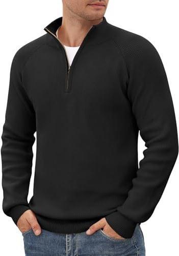 Voqeen Jersey Hombre Invierno Cuello Alto Suéter de Punto con Cremallera Manga Larga Ajustado Jerséis Suave Cálido con 1/4 Zip
