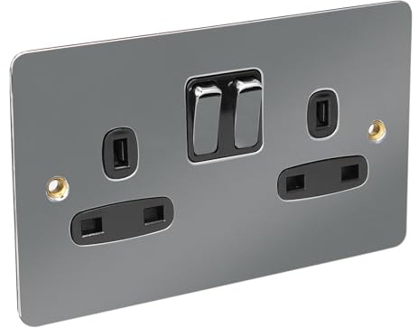 Axiom Black Nickel Double Socket with Black Inserts, Switched BS1363 Wall-Mounted Outlet, Metal Construction, 240V 13A Type G, Flat Plate Design