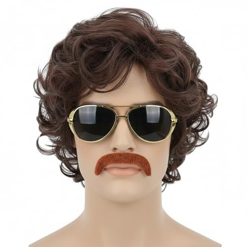Werownsgso 80-tals herrperuk svart rocker lockig peruk lång naturlig peruk lager för halloween karneval cosplay (brun)
