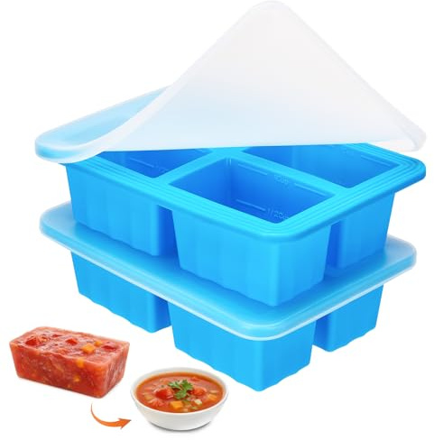 2PCS Contenitori Congelatore in Silicone con Coperchio 4x250ml – Stampo Porzioni per Zuppa, Brodo, Salsa e Pappa Neonato – Impilabili, Senza BPA, Facile Estrazione, Cooking e Meal Prep (Blu)