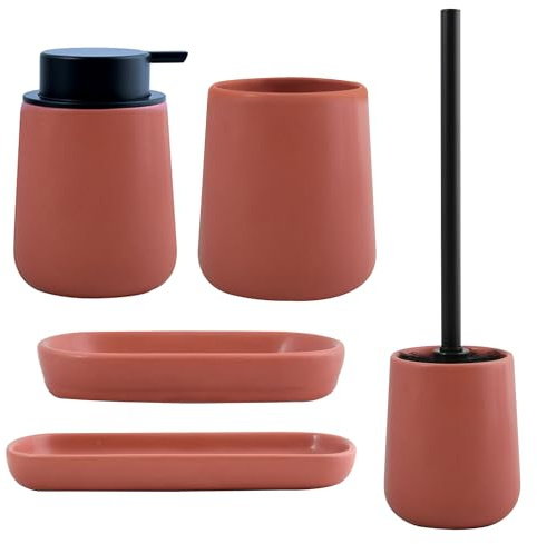 Juego de Accesorios de baño de 5 Piezas, en cerámica: Dispensador; Vaso; Jabonera; Portaescobillas y Bandeja, en Color Terracota