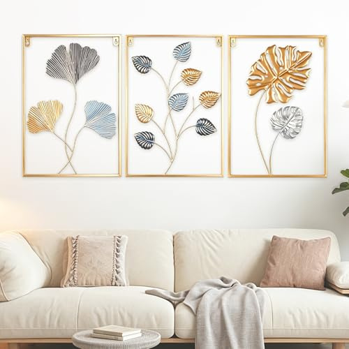 TECKZOON Juego de 3 cuadros de metal para decoración de pared de 43 × 30 cm, marco dorado, decoración moderna de pared para dormitorio, cocina y oficina (oro/azul, ginkgo, bodhi y hojas de plátano)