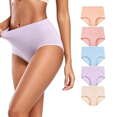FIJIKOM Women’s Cotton High Waisted Knickers- 5 Pack– Full Briefs, Tummy Control, No VPL, Breathable Ladies Underwear for Everyday, Maternity & Postpartum