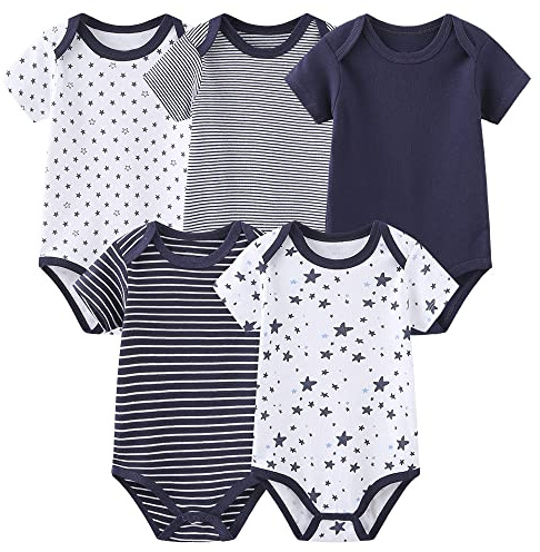 Chamie Baby bodysuit bomull kortärmad västar för nyfödda 5-pack endelad kostym för pojke och flicka 0-12 månader., Svart, 9-12 Months
