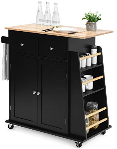 Giantex Kitchen Island Cart, Rolling Wood Trolley with Storage Cabinet, Towel Handle, 2 Drawers, Side Spice Rack and Wine Bottle Rack, Kitchen Cart on Wheels, Rubber Wood Countertop (Black)