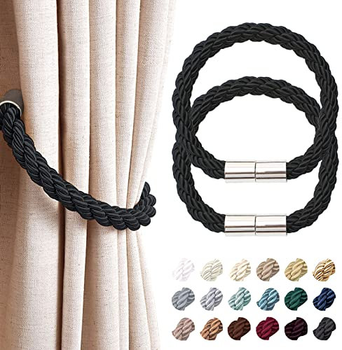 Pretty Jolly 2 Pack Strong Magnetic Curtain Tiebacks Modern Simple Style Drape Tie Backs Convenient Decorative Weave Rope Curtain Holdback for Thin or Thick Home & Office Window Drapery (Black)
