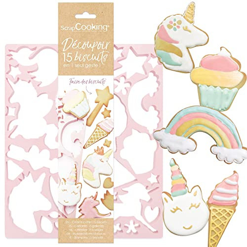 SCRAP COOKING - Plaque Découpoir 15 Biscuits Licorne - Moule Pâtisserie avec Formes Emporte-pièces pour Biscuits, Sablés, Décoration - Anniversaire - Rose - 2069