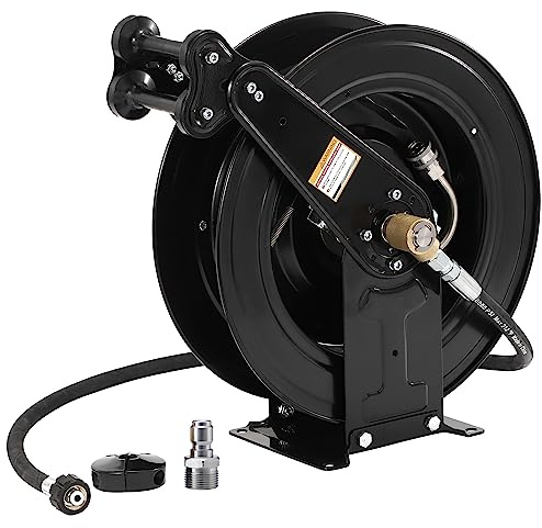 FIXFANS Hochdruckreiniger-Schlauchtrommel für Wasser/Luft/Öl, 0,95 cm x 15,2 m, Stahl, zweiarmig, automatisch einziehbar, Hochdruckreiniger-Schlauchtrommel, robuste Schlauchtrommel, 4000 PSI