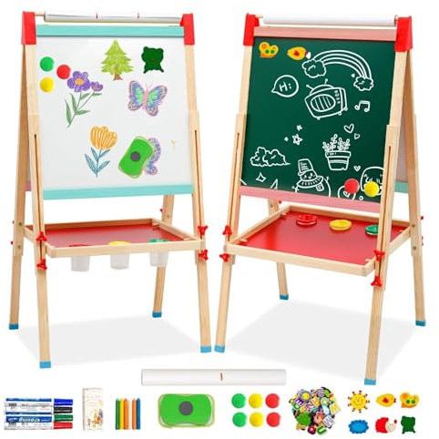 Maycoly Lavagna per Bambini, Cavalletto in Legno Altezza Regolabile, Lavagna per Bambin con Rullo di Carta Adesivi Accessori Vassoio di stoccaggio Lavagna Bianca per Bambini 3 + Anni Regalo