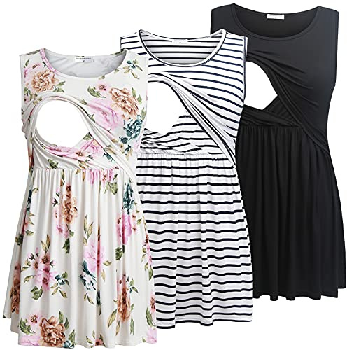 Bearsland Women's Maternity Nursing Tank Tops Sleeveless Scoop Neck Soft Breastfeeding Shirt,Black&White Striped&Roses White,M