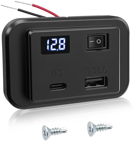 Hoembpn 12V Prise de Chargeur USB C de Voiture avec Interrupteur et Voltmètre LED 40W PD2.0+QC3.0,DC12V-26V Panneau de Double USB Commande Charge Rapide Adaptateur pour Bateau Camping Car Camion 1pcs