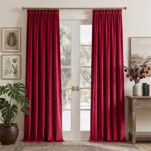 PONY DANCE Blackout Velvet Curtains with Pencil Pleat, Red, 52x90 Inch | Thermal Insulated Home Decor Curtains for Bedroom & Living Room, Soft Drape Rod Pocket, Noise Reduction & Privacy, 2 Panels